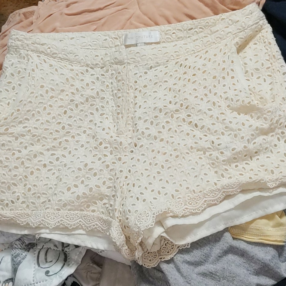 Cream lace shorts.